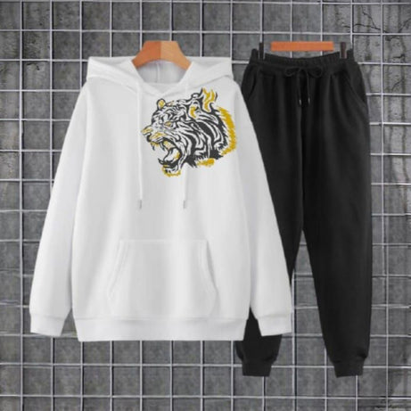 TIGER Printed Tracksuit White Huddie & Black Trouser Trendy And Amazing Fleece Pocket Drawstring Winter Wear Smart Fit Hoody