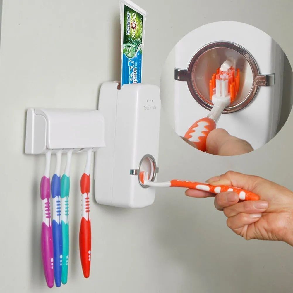 Toothpaste Dispenser With 5 Brush Holder Wall Mounted Automatic Hands Free Toothpaste Dispenser - Oshi.pk - Buy & Sell Online