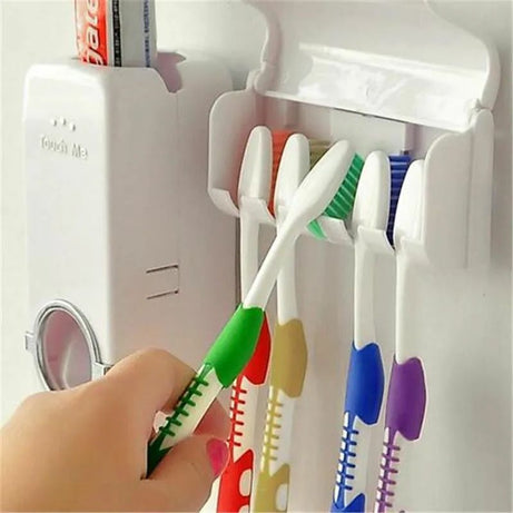Toothpaste Dispenser With 5 Brush Holder Wall Mounted Automatic Hands Free Toothpaste Dispenser - Oshi.pk - Buy & Sell Online