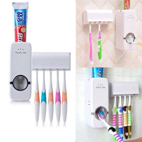 Toothpaste Dispenser With 5 Brush Holder Wall Mounted Automatic Hands Free Toothpaste Dispenser