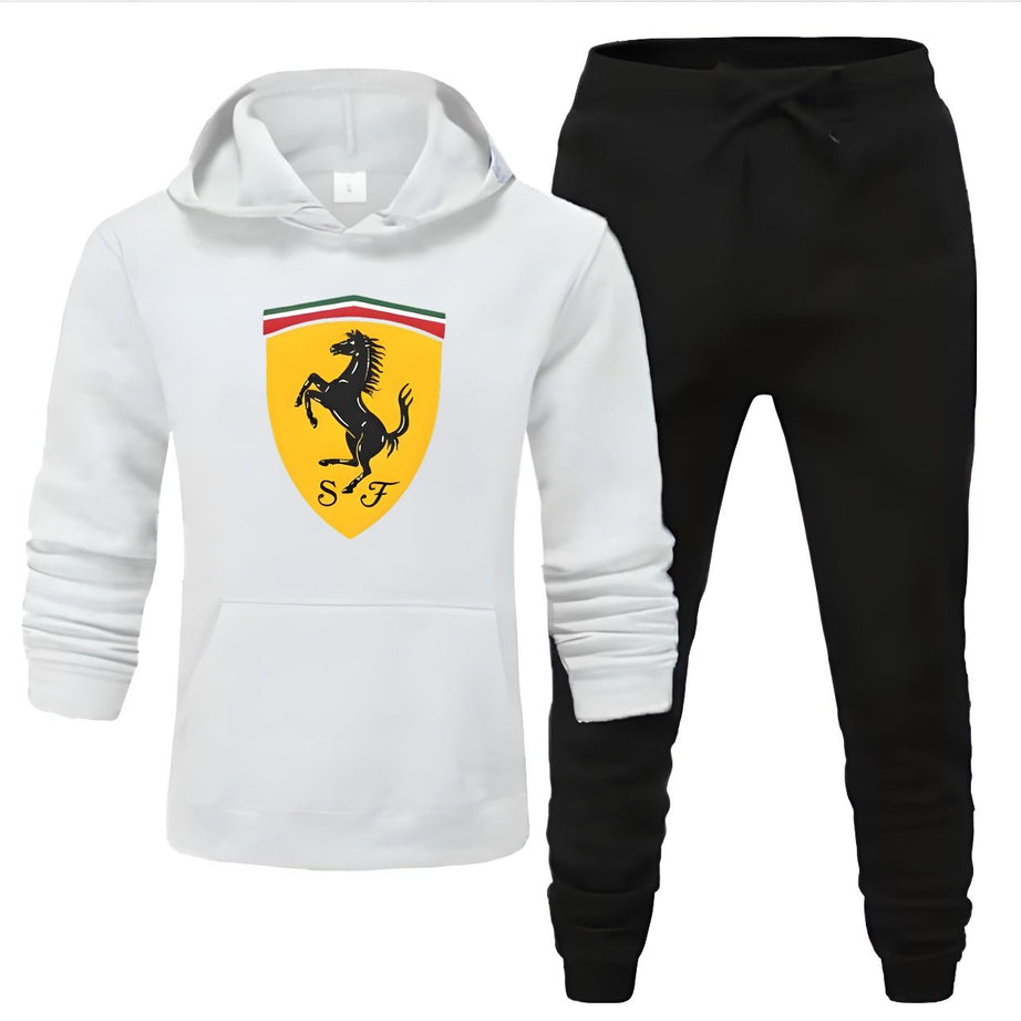 Tracksuit White Huddie & Black Trouser Trendy And Amazing Farrari Printed Fleece Pocket Drawstring Winter Wear Smart Fit Hoody - Oshi.pk - Buy & Sell Online