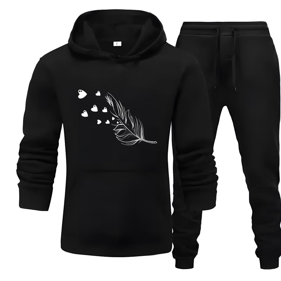 Tracksuit For Women And Girls Black Huddie & Black Trouser Trendy And Amazing Leaf Printed Fleece Pocket Drawstring Winter Wear Smart Fit Hoody