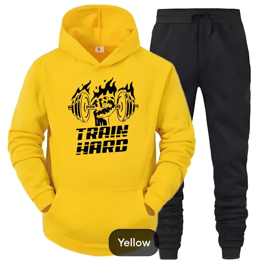 Tracksuit Black Yellow & Black Trouser Trendy And Amazing Train Hard Printed Fleece Pocket Drawstring Winter Wear Smart Fit Hoody - Oshi.pk - Buy & Sell Online