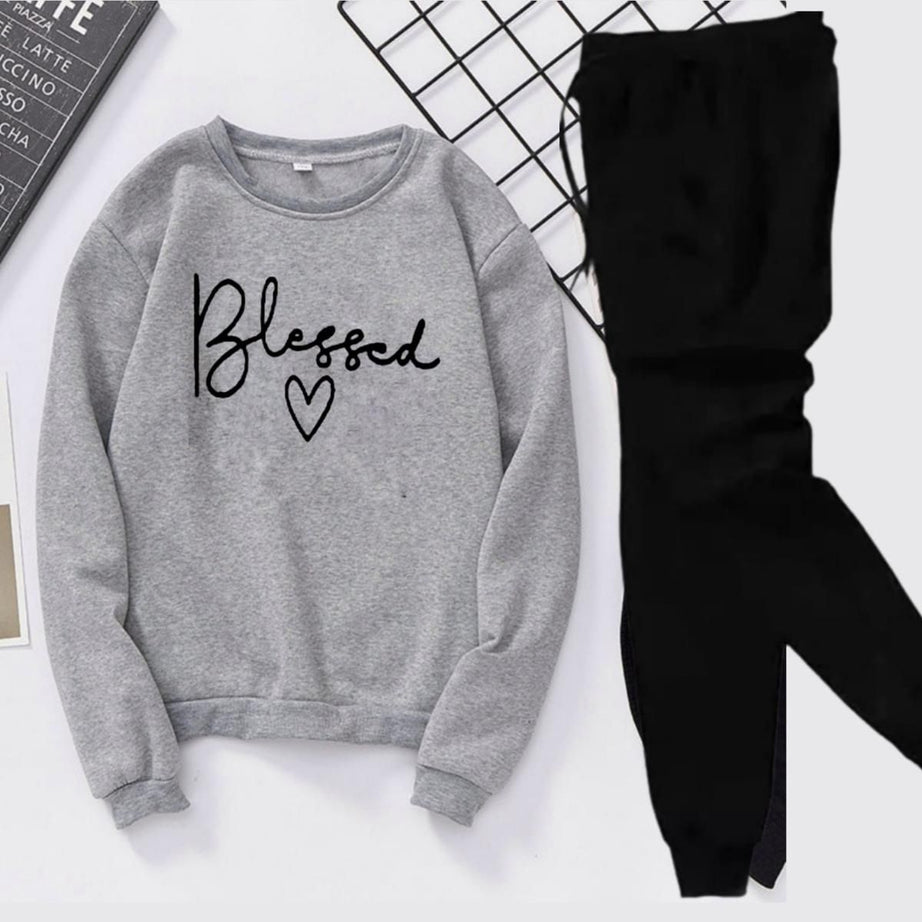 Tracksuit BLESSED WITH HEART Print Thick & Fleece Fabric Sweatshirt with trouser for Winter sweatshirt Fashion Wear tracksuit for Women / Girls - Oshi.pk - Buy & Sell Online