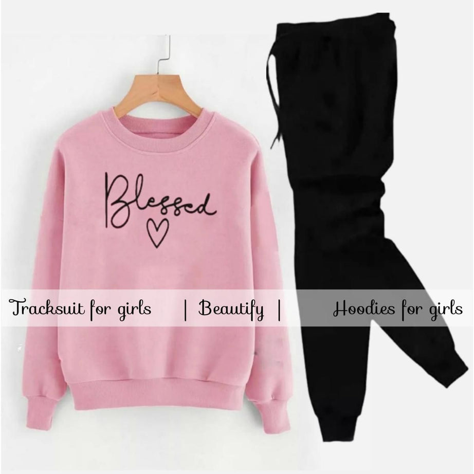 Tracksuit BLESSED WITH HEART Print Thick & Fleece Fabric Sweatshirt with trouser for Winter sweatshirt Fashion Wear tracksuit for Women / Girls - Oshi.pk - Buy & Sell Online