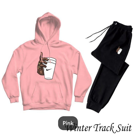 Tracksuit For Women & Girls Pink Huddie & Black Trouser Trendy And Amazing Hand Wth Cup Printed Fleece Pocket Drawstring Winter Wear Smart Fit Hoody - Oshi.pk - Buy & Sell Online