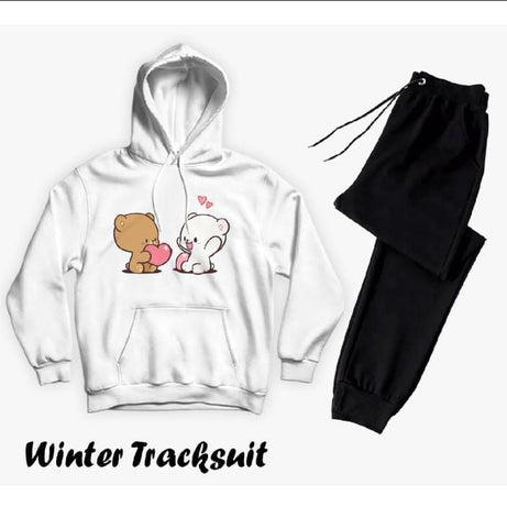 Tracksuit For Women & Girls White Huddie & Black Trouser Trendy And Amazing Cute 2 Bear Printed Fleece Pocket Drawstring Winter Wear Smart Fit Hoody - Oshi.pk - Buy & Sell Online