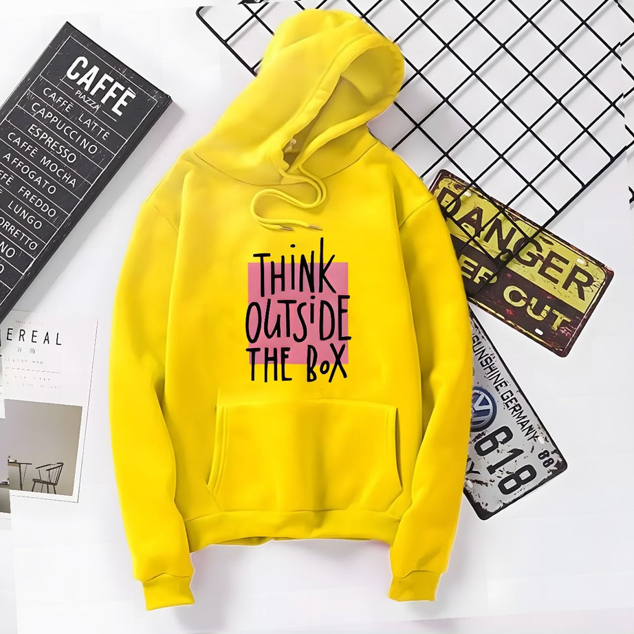 Think Outside The Box Printed yellow Fleece Full Sleeves Pull Over Hoodie For Women & Girls