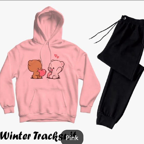 Tracksuit For Women & Girls Pink Huddie & Black Trouser Trendy And Amazing Cute 2 Bear Printed Fleece Pocket Drawstring Winter Wear Smart Fit Hoody - Oshi.pk - Buy & Sell Online