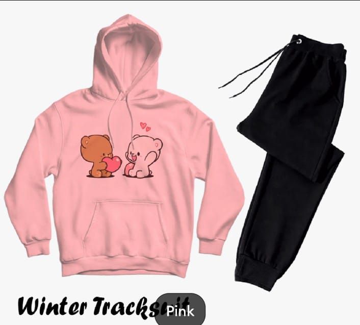 Tracksuit For Women & Girls Pink Huddie & Black Trouser Trendy And Amazing Cute 2 Bear Printed Fleece Pocket Drawstring Winter Wear Smart Fit Hoody - Oshi.pk - Buy & Sell Online