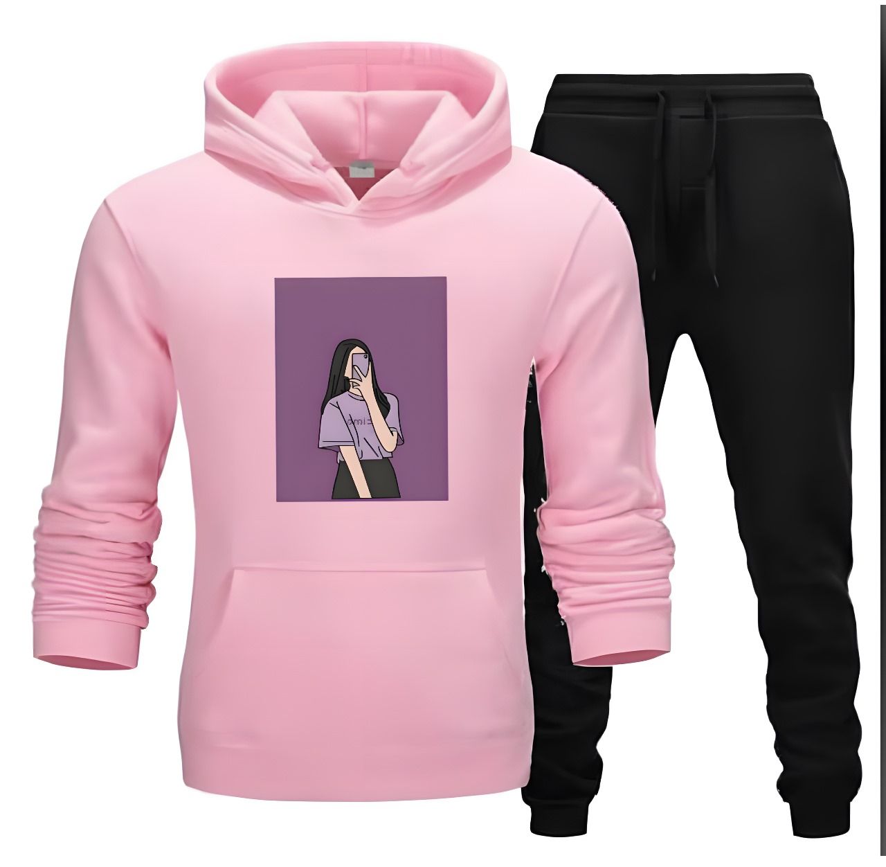 Tracksuit For Women & Girls Pink Huddie & Black Trouser Trendy Cute Selfi Girl Printed Fleece Pocket Drawstring Winter Wear Smart Fit Hoody - Oshi.pk - Buy & Sell Online