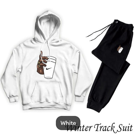 Tracksuit For Women & Girls White Huddie & Black Trouser Trendy And Amazing Hand Wth Cup Printed Fleece Pocket Drawstring Winter Wear Smart Fit Hoody - Oshi.pk - Buy & Sell Online