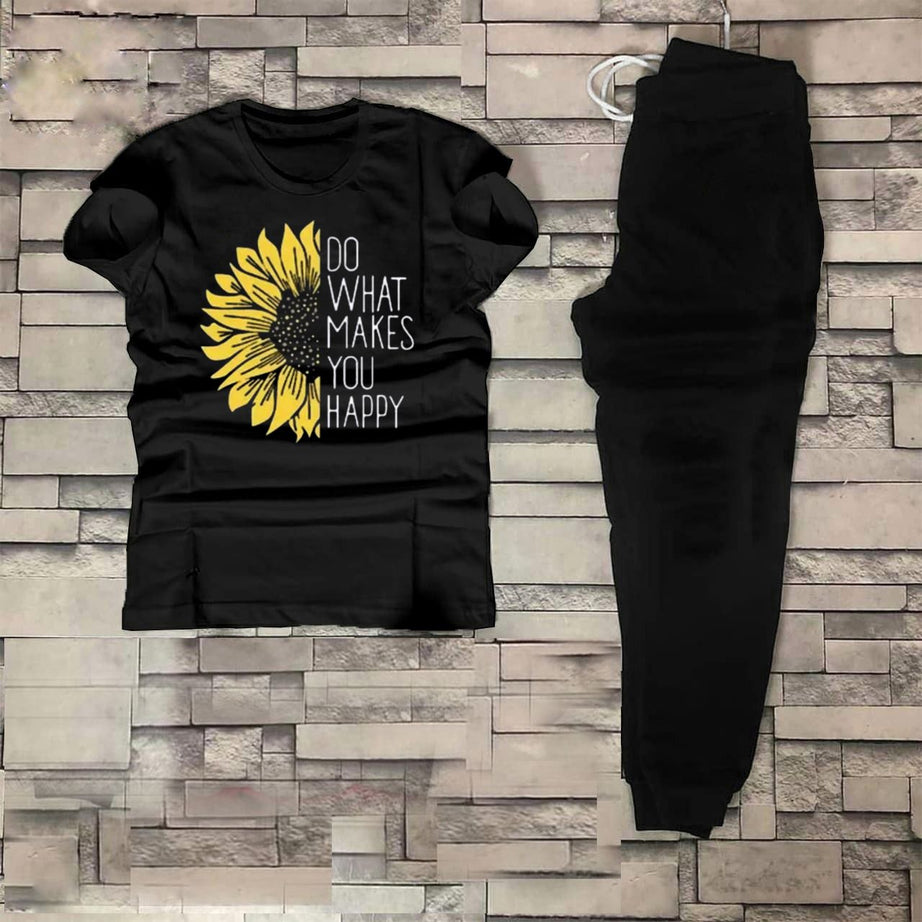 Tracksuit for Women and Girl Summer Shirt and Black Trouser Gym wear New Do what makes you happy printed Clothing Summer Breathable and comfortable - Oshi.pk - Buy & Sell Online