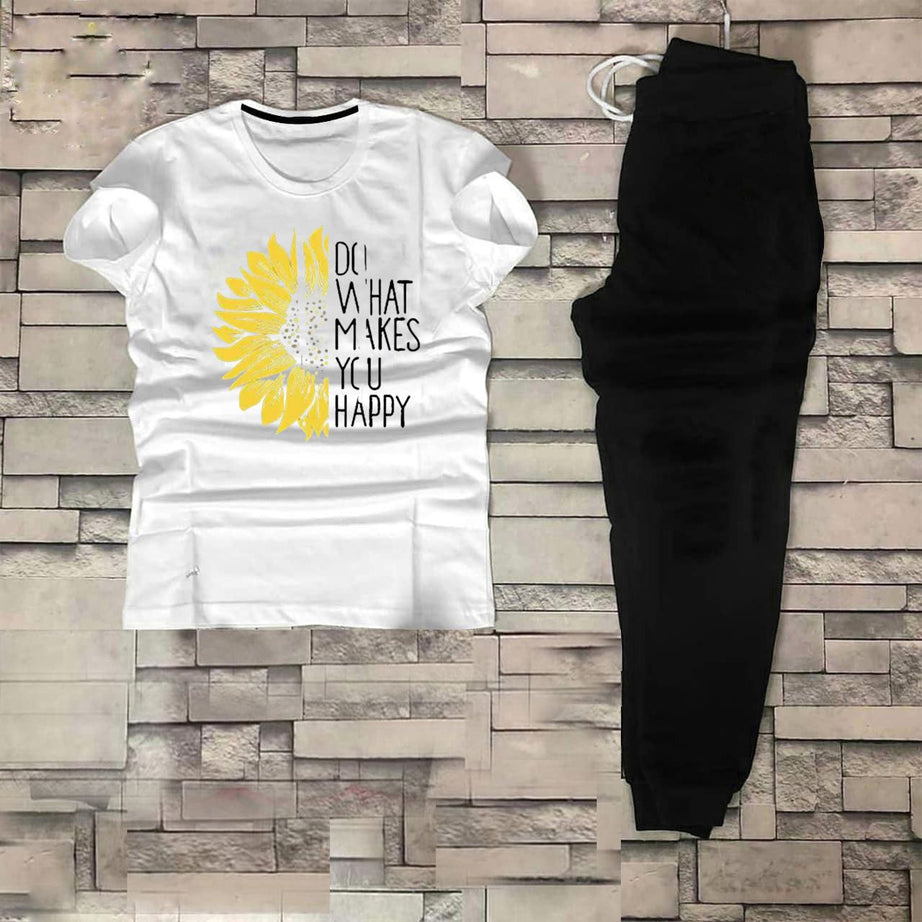 Tracksuit for Women and Girl Summer Shirt and Black Trouser Gym wear New Do what makes you happy printed Clothing Summer Breathable and comfortable - Oshi.pk - Buy & Sell Online