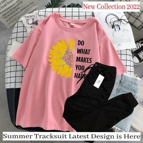 Tracksuit for Women and Girl Summer Shirt and Black Trouser Gym wear New Do what makes you happy printed Clothing Summer Breathable and comfortable - Oshi.pk - Buy & Sell Online