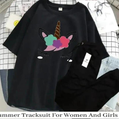 Unicorn Tracksuit for Women and Girl Summer Shirt and Black Trouser Gym wear printed Clothing Summer Breathable and comfortable - Oshi.pk - Buy & Sell Online