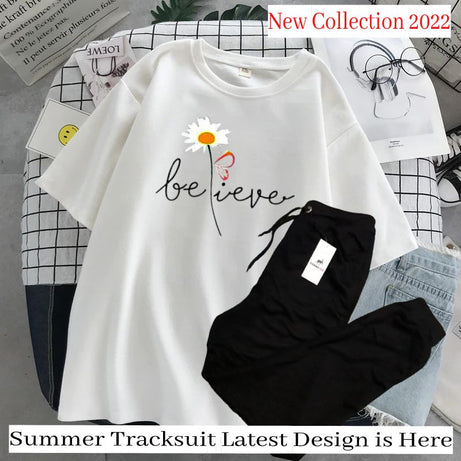 Tracksuit for Women and Girl Summer Shirt and Black Trouser Gym wear New Believe printed Clothing Summer Breathable and comfortable - Oshi.pk - Buy & Sell Online