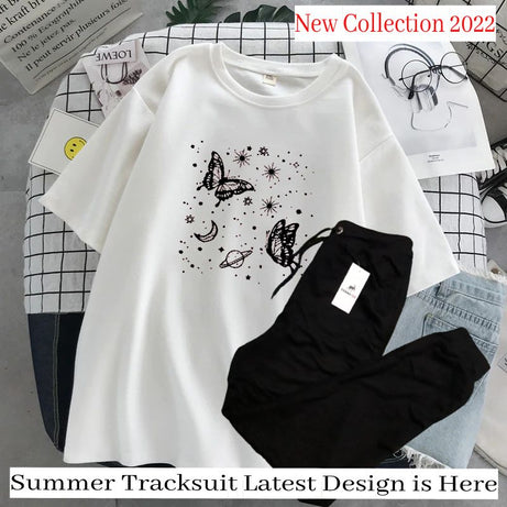 New Butterfly Tracksuit for Women and Girl Summer T Shirt and Black Trouser Gym wear New printed Clothing Summer Breathable and comfortable - Oshi.pk - Buy & Sell Online