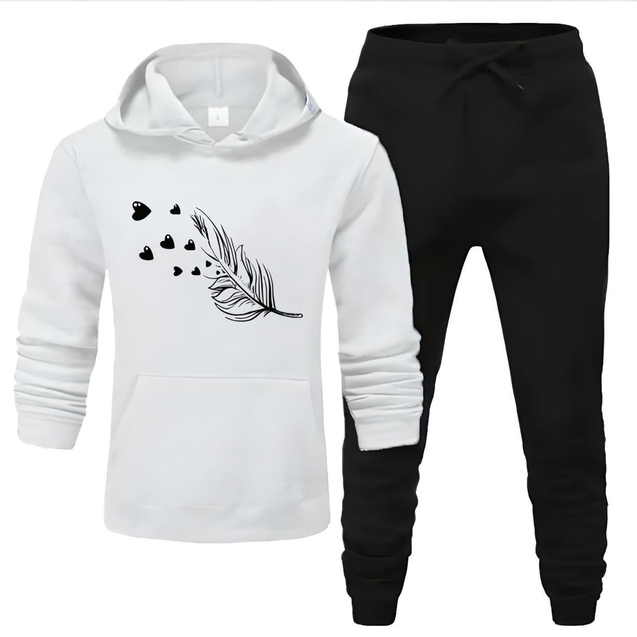 Tracksuit For Women And Girls white Huddie & Black Trouser Trendy And Amazing Leaf Printed Fleece Pocket Drawstring Winter Wear Smart Fit Hoody - Oshi.pk - Buy & Sell Online