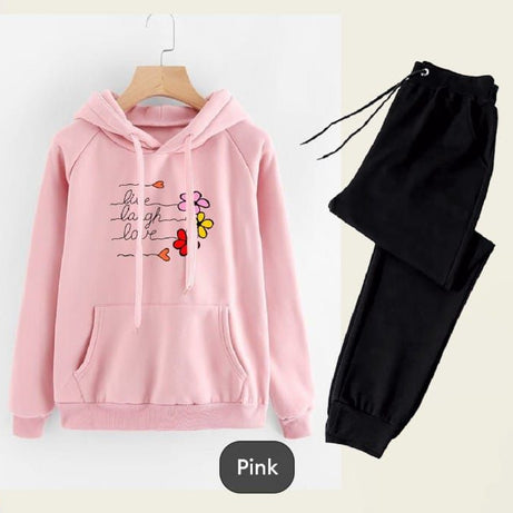 Tracksuit For Women And Girls Pink Huddie & Black Trouser Trendy And Amazing Live Life Printed Fleece Pocket Drawstring Winter Wear Smart Fit Hoody - Oshi.pk - Buy & Sell Online