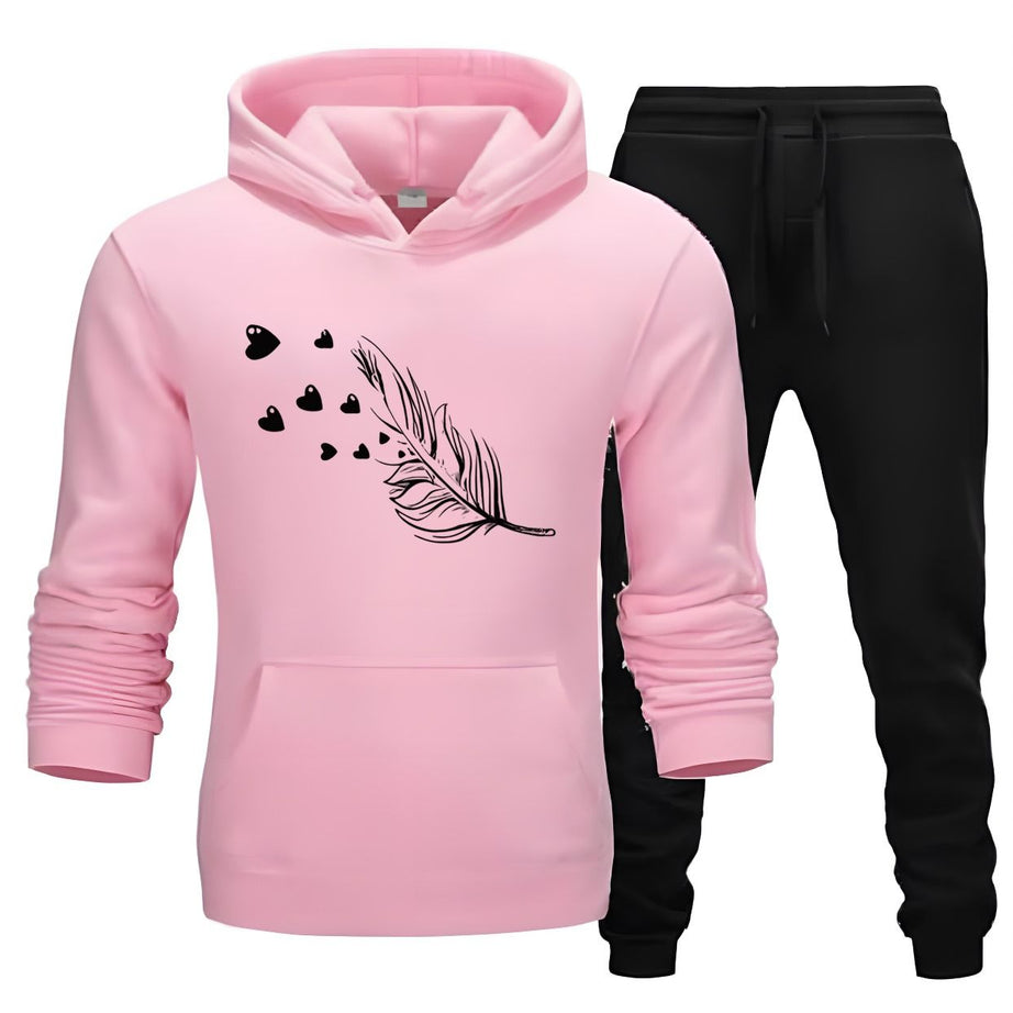 Tracksuit For Women And Girls Pink Huddie & Black Trouser Trendy And Amazing Leaf Printed Fleece Pocket Drawstring Winter Wear Smart Fit Hoody - Oshi.pk - Buy & Sell Online