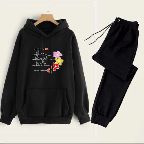 Tracksuit For Women And Girls Black Huddie & Trouser Trendy And Amazing Live Life Printed Fleece Pocket Drawstring Winter Wear Smart Fit Hoody - Oshi.pk - Buy & Sell Online