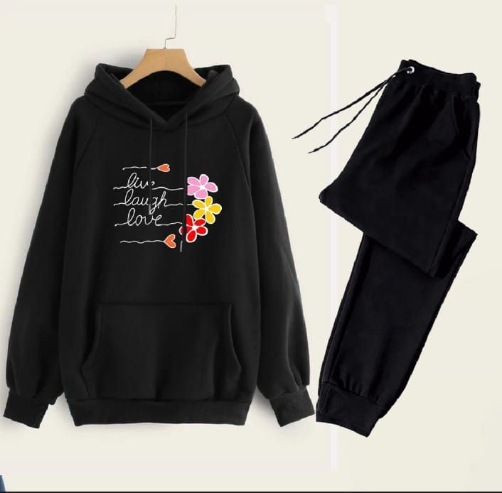 Tracksuit For Women And Girls Black Huddie & Trouser Trendy And Amazing Live Life Printed Fleece Pocket Drawstring Winter Wear Smart Fit Hoody - Oshi.pk - Buy & Sell Online