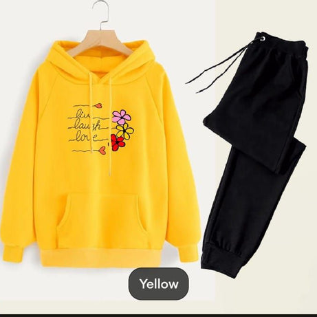 Tracksuit For Women And Girl Yellow Huddie & Black Trouser Trendy And Amazing Live Life Printed Fleece Pocket Drawstring Winter Wear Smart Fit Hoody - Oshi.pk - Buy & Sell Online