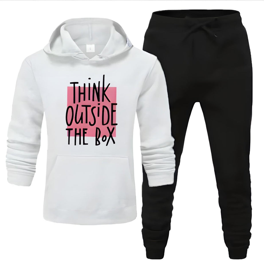 Tracksuit For Women And Girls white Huddie & Black Trouser Trendy Think Outside The Box Printed Fleece Pocket Drawstring Winter Wear Smart Fit Hoody - Oshi.pk - Buy & Sell Online