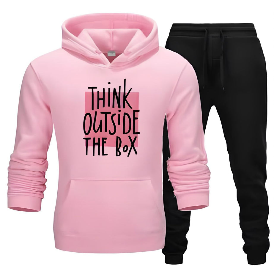 Tracksuit For Women And Girls Pink Huddie & Black Trouser Trendy Think Outside The Box Printed Fleece Pocket Drawstring Winter Wear Smart Fit Hoody - Oshi.pk - Buy & Sell Online