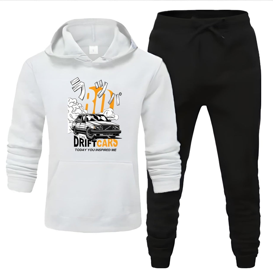 Tracksuit white Huddie & Black Trouser Trendy And Amazing Car Drifting Printed Fleece Pocket Drawstring Winter Wear Smart Fit Hoody - Oshi.pk - Buy & Sell Online