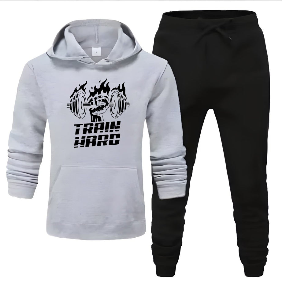 Tracksuit Grey Huddie & Black Trouser Trendy And Amazing Train Hard Printed Fleece Pocket Drawstring Winter Wear Smart Fit Hoody - Oshi.pk - Buy & Sell Online