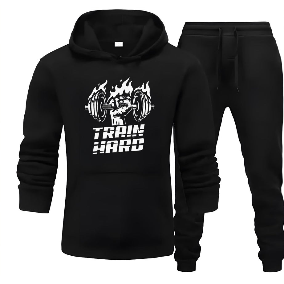 Tracksuit Black Huddie & Black Trouser Trendy And Amazing Train Hard Printed Fleece Pocket Drawstring Winter Wear Smart Fit Hoody - Oshi.pk - Buy & Sell Online