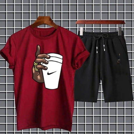 Tracksuit Maroon Hand With Cup Printed gym wear Half Sleeves O Neck Tshirt Shorts Tracksuit For Men highly recommended tracksuit for Boys - Oshi.pk - Buy & Sell Online