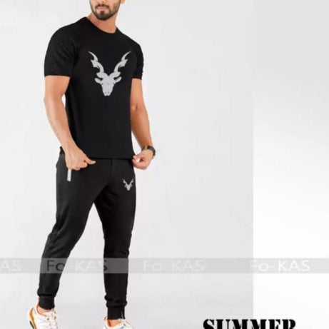 tracksuit-New Trendy Markhor Printed stylish Round Neck Half Sleeves Black T Shirt And Black Trouser - Oshi.pk - Buy & Sell Online