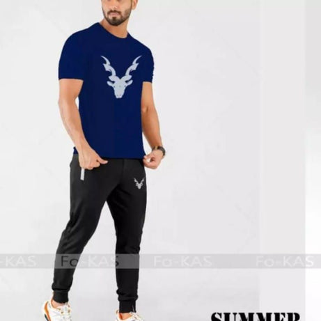 tracksuit-New Trendy Markhor Printed stylish Round Neck Half Sleeves Blue T Shirt And Black Trouser - Oshi.pk - Buy & Sell Online