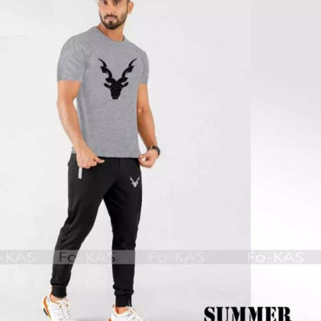 tracksuit-New Trendy Markhor Printed stylish Round Neck Half Sleeves Grey T Shirt And Black Trouser - Oshi.pk - Buy & Sell Online