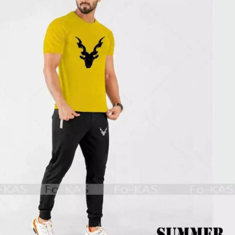 tracksuit-New Trendy Markhor Printed stylish Round Neck Half Sleeves Yellow T Shirt And Black Trouser - Oshi.pk - Buy & Sell Online