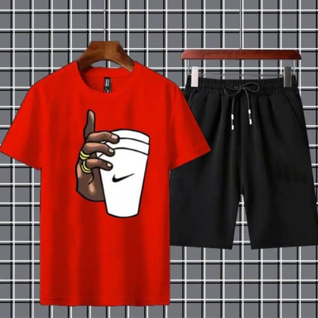 Tracksuit RED Hand With Cup Printed gym wear Half Sleeves O Neck Tshirt Shorts Tracksuit For Men highly recommended tracksuit for Boys - Oshi.pk - Buy & Sell Online