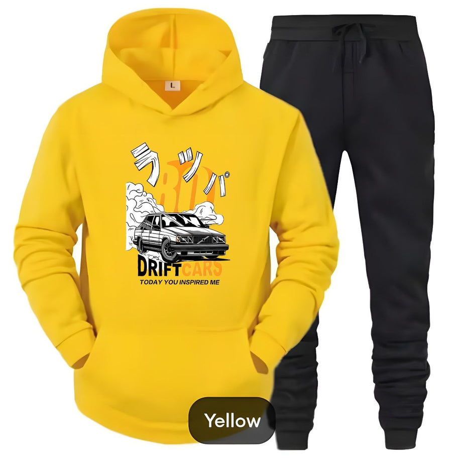 Tracksuit Yellow Huddie & Black Trouser Trendy And Amazing Car Drifting Printed Fleece Pocket Drawstring Winter Wear Smart Fit Hoody - Oshi.pk - Buy & Sell Online