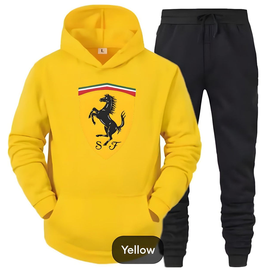 Tracksuit Yellow Huddie & Black Trouser Trendy And Amazing Farrari Printed Fleece Pocket Drawstring Winter Wear Smart Fit Hoody - Oshi.pk - Buy & Sell Online