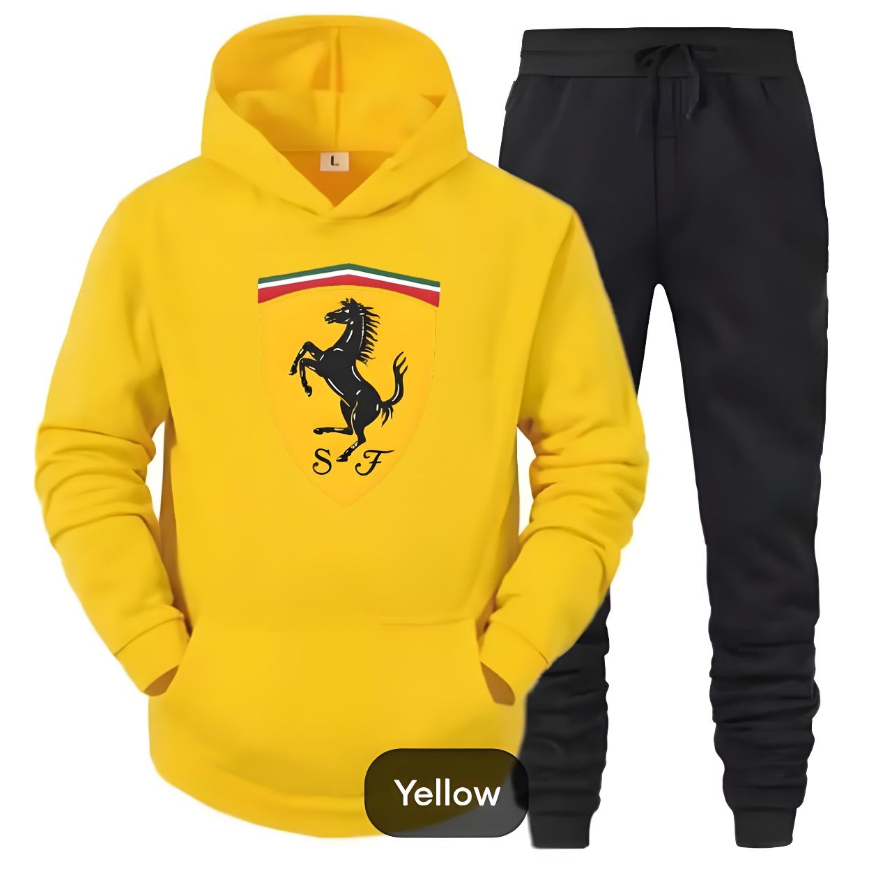 Tracksuit Yellow Huddie & Black Trouser Trendy And Amazing Farrari Printed Fleece Pocket Drawstring Winter Wear Smart Fit Hoody - Oshi.pk - Buy & Sell Online