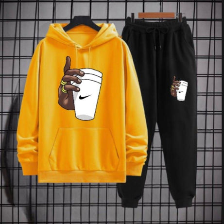 Tracksuit Yellow Huddie & Black Trouser Trendy And Amazing Hand With Cup Printed Fleece Pocket Drawstring Winter Wear Smart Fit Hoody - Oshi.pk - Buy & Sell Online