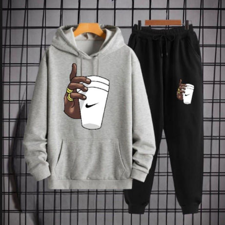 Tracksuit Grey Huddie & Black Trouser Trendy And Amazing Hand With Cup Printed Fleece Pocket Drawstring Winter Wear Smart Fit Hoody - Oshi.pk - Buy & Sell Online