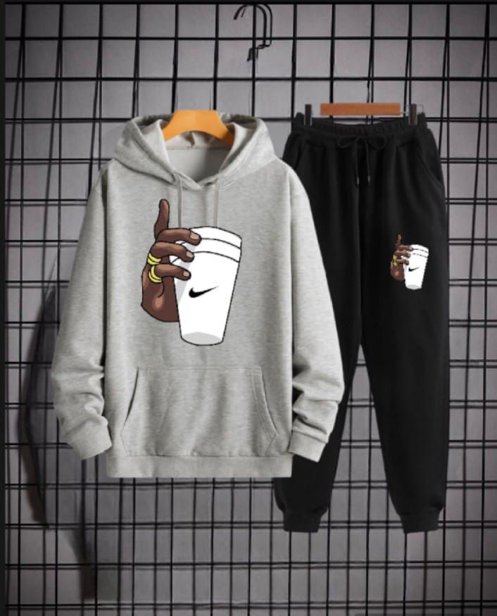 Tracksuit Grey Huddie & Black Trouser Trendy And Amazing Hand With Cup Printed Fleece Pocket Drawstring Winter Wear Smart Fit Hoody - Oshi.pk - Buy & Sell Online