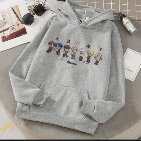 Trendy Famous BTS Cartoon Printed Kangaroo Hoodie In Grey Pocket Drawstring Pullovers Clothing Long Sleeves Export Quality Winter Wear