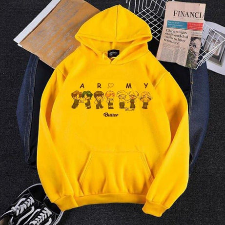 Trendy Famous BTS Cartoon Printed Kangaroo Hoodie In Yellow Pocket Drawstring Pullovers Clothing Long Sleeves Export Quality Winter Wear