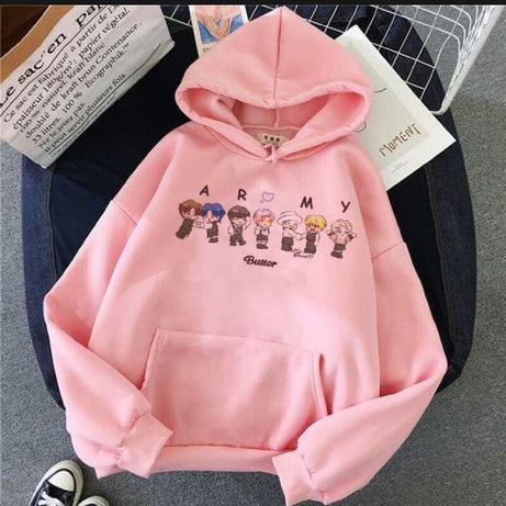 Trendy Famous BTS Cartoon Printed Kangaroo Hoodie In Pink Pocket Drawstring Pullovers Clothing Long Sleeves Export Quality Winter Wear