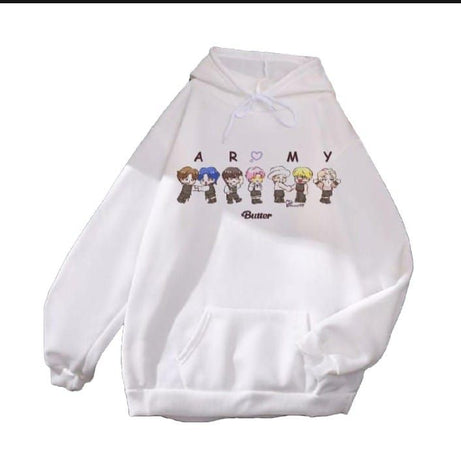 Trendy Famous BTS Cartoon Printed Kangaroo Hoodie In white Pocket Drawstring Pullovers Clothing Long Sleeves Export Quality Winter Wear