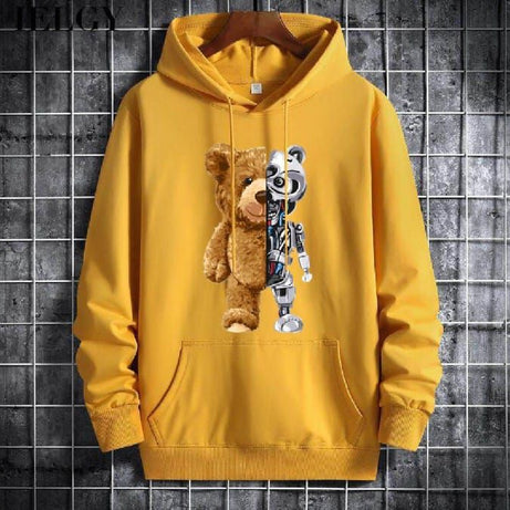 Trendy New Famous Robo Bear Printed Kangaroo Hoodie In Yellow Pocket Drawstring Pullovers Clothing Long Sleeves Export Quality Winter Wear